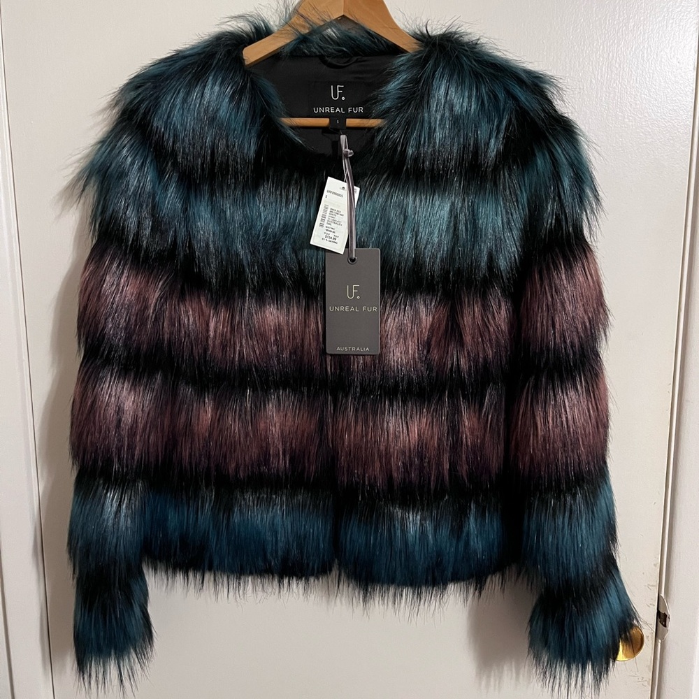 Unreal Fur Women's Striped Faux Fur Jacket in Teal and Burgundy
